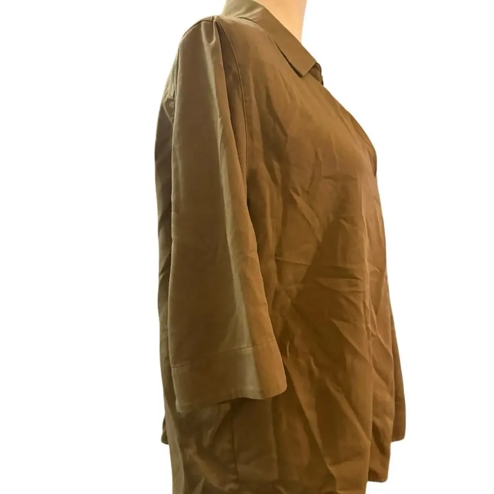 Uniqlo Olive Green Rayon Blend Open Collar 3/4 Sleeve Blouse, Women's Large